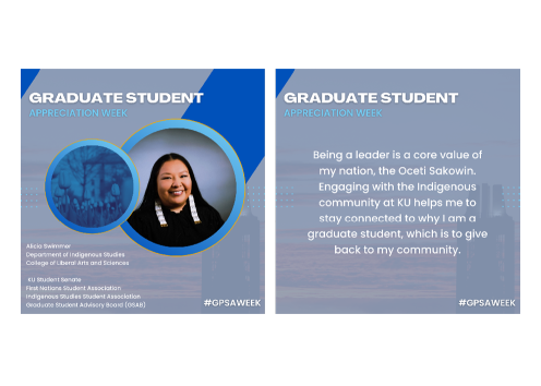 Alicia Swimmer | Department of Indigenous Studies | College of Liberal Arts and Sciences | "Being a leader is a core value of my nation, the Oceti Sakowin. Engaging with the Indigenous community at KU helps me to stay connected to why I am a graduate student, which is to give back to my community."